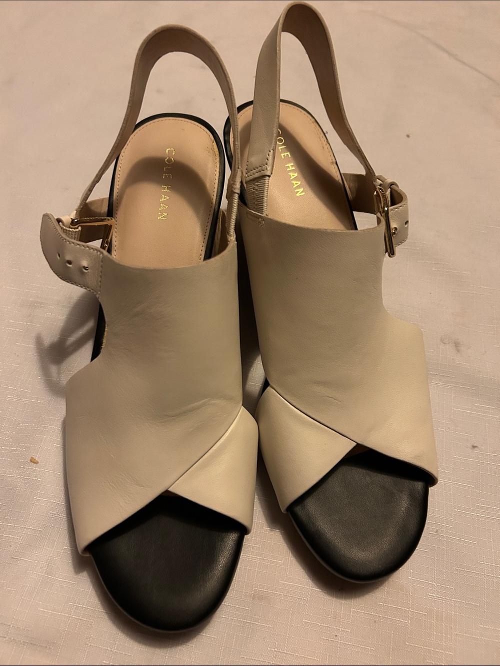 Cole Haan Two-Tone Cream and Black Leather Slingback Sandals